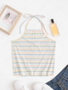 Horizontal Stripe Print Halter Tied Neck Top M