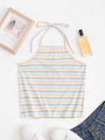 Horizontal Stripe Print Halter Tied Neck Top M