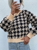 Houndstooth Drop Shoulder Lantern Sleeve Sweater M Black