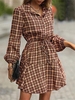 Houndstooth Half Button Mini Dress L Coffee