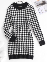 Houndstooth Mini Slinky Sweater Dress Black