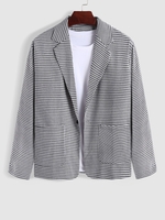Houndstooth Print Pockets Faux Button Blazer L Black