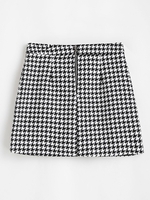 Houndstooth Zip Front Tweed Skirt L Black