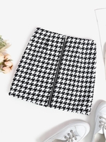Houndstooth Zip Up Front Tweed Skirt L Black