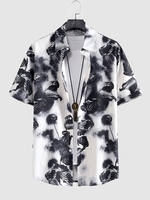 Ink Painting Lotus Leaf Print Short Sleeve Shirt Xl White