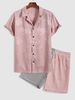 Jacquard Silky Lapel Shirt With Two Tone Corduroy Shorts Two Piece Set Light pink
