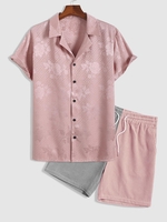 Jacquard Silky Lapel Shirt With Two Tone Corduroy Shorts Two Piece Set Light pink