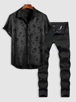 Jacquard Slick Short Sleeve Shirt and Frayed Ripped Zipper Fly Jeans Set Black