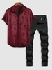 Jacquard Slick Short Sleeve Shirt and Frayed Ripped Zipper Fly Jeans Set Deep red