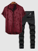 Jacquard Slick Short Sleeve Shirt and Frayed Ripped Zipper Fly Jeans Set Deep red