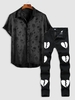 Jacquard Slick Short Sleeve Shirt and Broken Heart Pattern Zippered Jeans Set Black