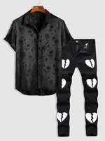 Jacquard Slick Short Sleeve Shirt and Broken Heart Pattern Zippered Jeans Set Black