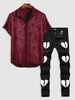 Jacquard Slick Short Sleeve Shirt and Broken Heart Pattern Zippered Jeans Set Deep red