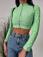 Jacquard Terry Cloth Double Way Zip Crop T Shirt M Light green