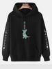 Japanese Character Dinosaur Pattern Drawstring Hoodie L Black
