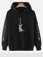 Japanese Character Dinosaur Pattern Drawstring Hoodie Xl Black