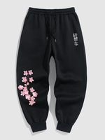 Japanese Character Sakura Graphic Fleece Thermal Lined Oriental Jogger Sweatpants Xl Black