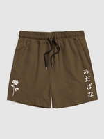 Japanese Characters Rose Print Graphic Shorts L Deep coffee