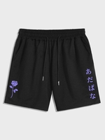 Japanese Characters Rose Print Graphic Shorts S Black