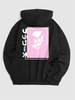 Japanese Characters Rose Print Hoodie L Black