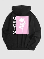 Japanese Characters Rose Print Hoodie L Black