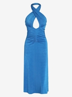 Jersey Criss Cross Halter Ruched Midi Slinky Dress M Blue