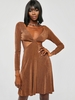 Jersey Cutout Knotted Criss Cross Plunging Dress L Coffee