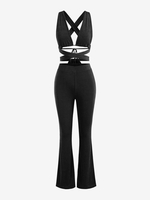 Jersey-knit Midriff Flossing Top and Bootcut Pants Set L Black