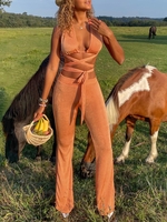 Jersey-knit Midriff Flossing Top and Bootcut Pants Set L Orange