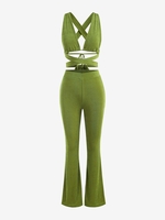 Jersey-knit Midriff Flossing Top and Bootcut Pants Set M Green
