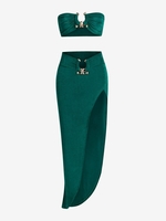 Jersey Metal Hardware Bandeau Top and Skirt Set S Green