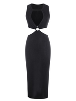 Jersey O Ring Cutout Thigh Split Slinky Dress M Black