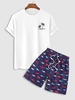 JUST FUNNY Palm Tree 100% Cotton Graphic T-shirt And All Over Sharks Print Beach Shorts Two Piece Set White