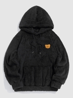 Kangaroo Pocket Bear Pattern Drawstring Fluffy Hoodie S Black