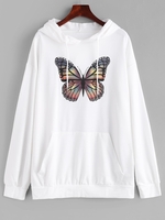 Kangaroo Pocket Butterfly Print Oversized Hoodie L White