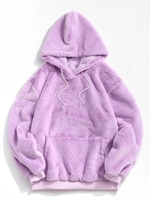 Kangaroo Pocket Faux Fur Fluffy Fleece Pullover Hoodie 2xl Light purple