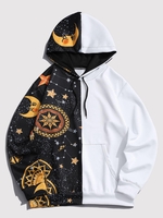 Kangaroo Pocket Moon Star Print Contrast Hoodie M Yellow