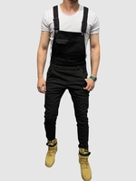 Kangaroo Pocket Solid Color Denim Jumpsuit L Black
