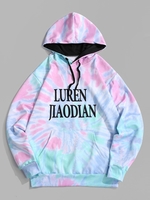 Kangaroo Pocket Tie Dye Letter Print Pullover Hoodie L Blue gray