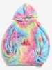 Kangaroo Pocket Tie Dye Pattern Faux Fur Fluffy Hoodie S Multi b