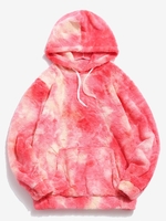 Kangaroo Pocket Tie Dye Pattern Faux Fur Fluffy Hoodie Xl Light coral