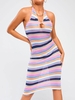 Keyhole Cutout Colorful Stripes Halter Knit Dress L