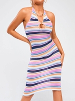 Keyhole Cutout Colorful Stripes Halter Knit Dress L