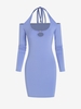 Keyhole Halter Rhinestone Long Sleeves Bodycon Dress L Purple