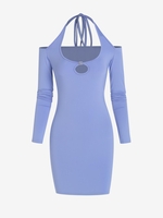 Keyhole Halter Rhinestone Long Sleeves Bodycon Dress S Purple