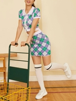Knitted Argyle Single Button Collared Top and Skirt Set