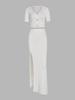 Knitted Button Up Top and Thigh Split Maxi Skirt Set L White