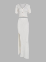 Knitted Button Up Top and Thigh Split Maxi Skirt Set L White
