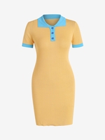 Knitted Colorblock Button Placket Bodycon Dress Yellow
