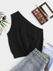 Knitted Cropped One Shoulder Tank Top M Black